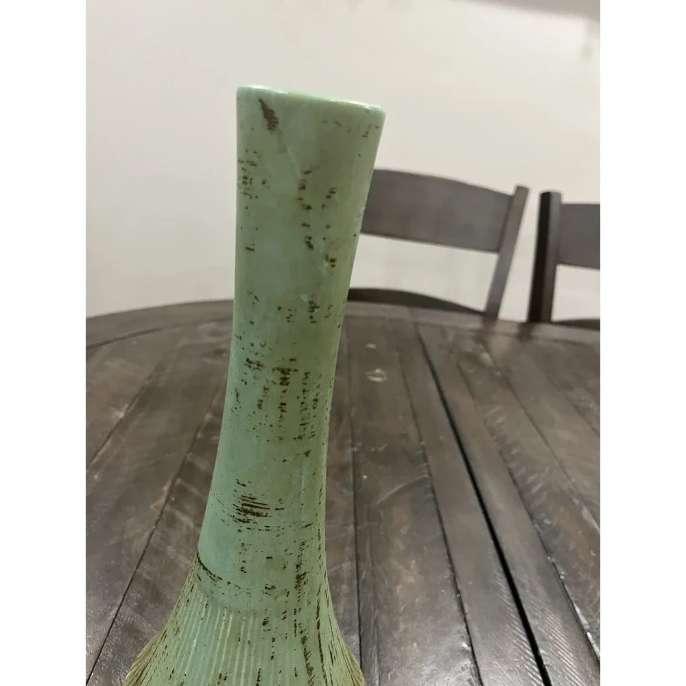 Vtg McCoy Pottery Classic Ribbed Line Green‎ Brown Vase 12.5